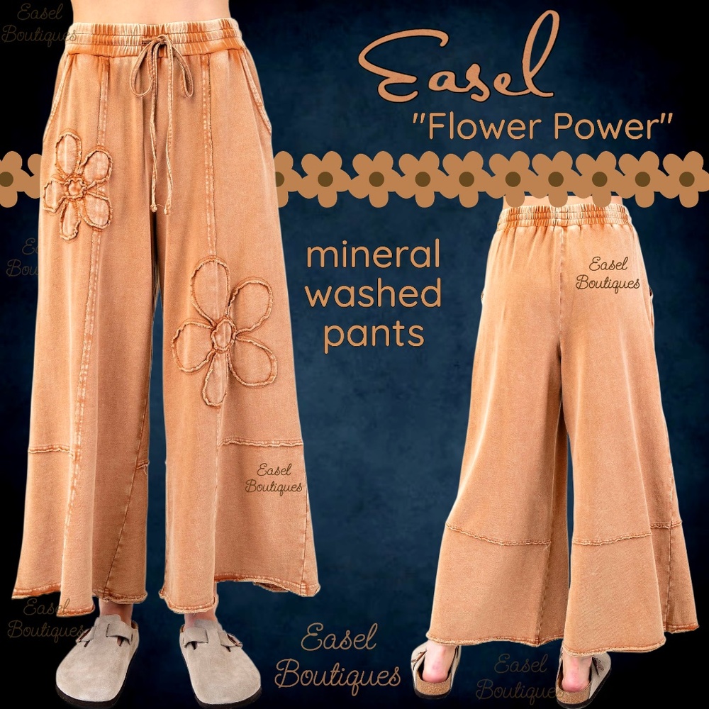 EASEL “Flower Power” Mineral Washed Pants Wide Leg Cozy Relax Fit Raw Seams Hems